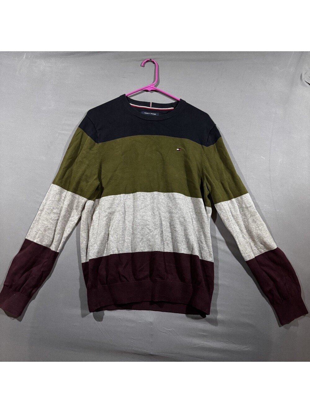 Tommy Hilfiger Mens Size M Color Block Crew Neck Sweater Olive Grey Burgundy